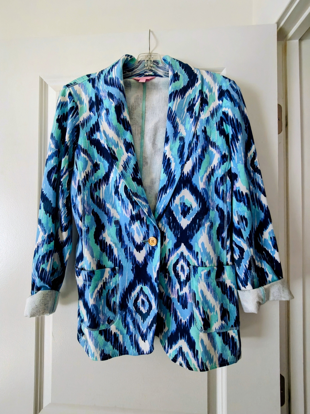 Lilly Pulitzer Blue Teal Ikat Print Blazer Jacket (Stretchy Material)